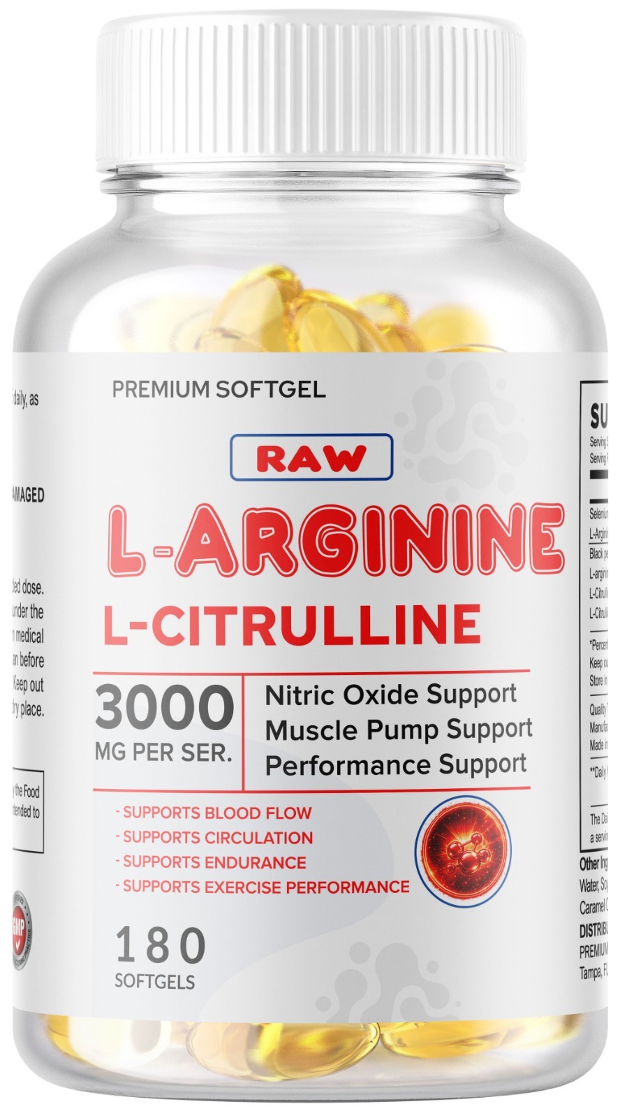L-Arginine L-Citrulline Nitric Oxide Booster 3000mg, 180 Softgels, 90 Servings