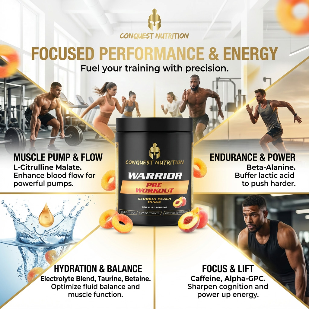 Conquest Warrior Pre Workout Georgia Peach Rings 25 Servings Energy Focus Pump