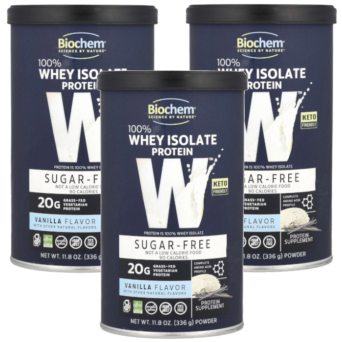 Biochem 100% Whey Isolate Protein Sugar Free Vanilla 336 g/11.8 oz Each (Pack 3)