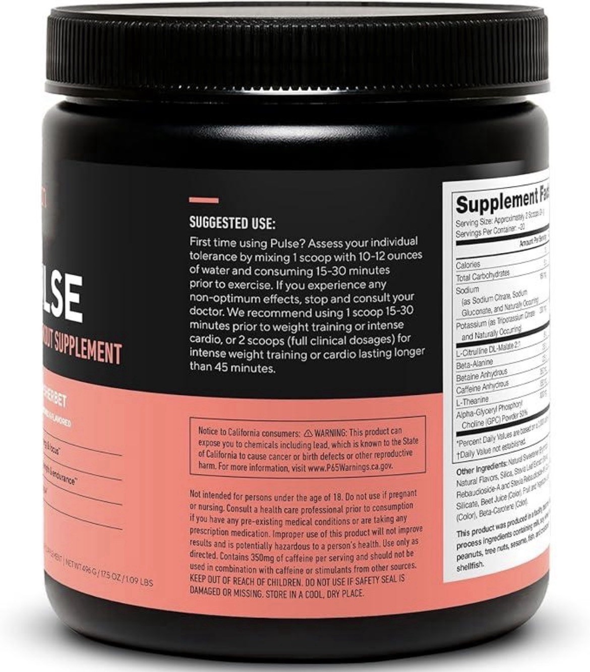 Legion PULSE Pre-Workout Powder, Rainbow Sherbet Flavor, 20 Servings EXP:11/26