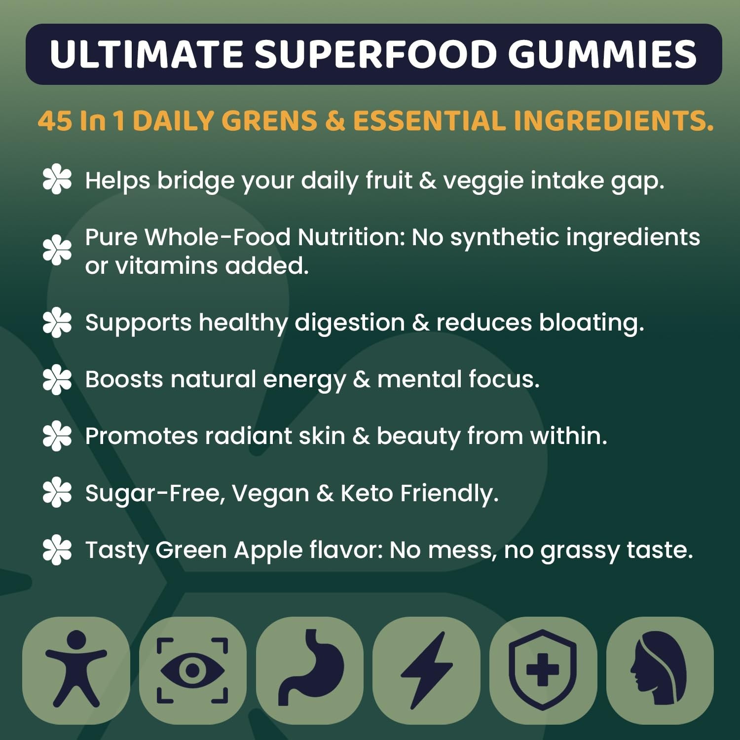 Natural Supergreens Multivitamin Gummies, Adaptogens, Pre & Probiotics, Fiber…