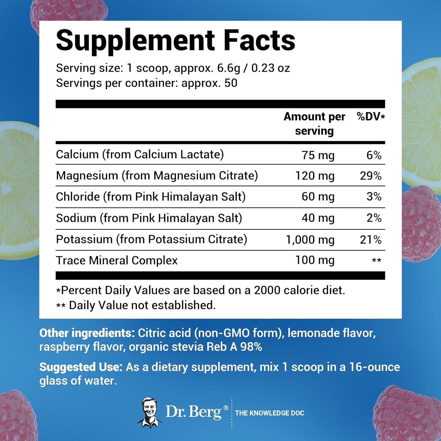 Dr. Berg Electrolyte Powder, Raspberry & Lemon, Hydration Drink Mix,50 Servings