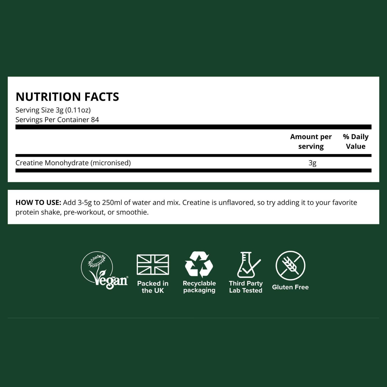 Micronized Creatine Monohydrate Powder – Unflavored, Vegan, 84 Servings (8.8 oz)