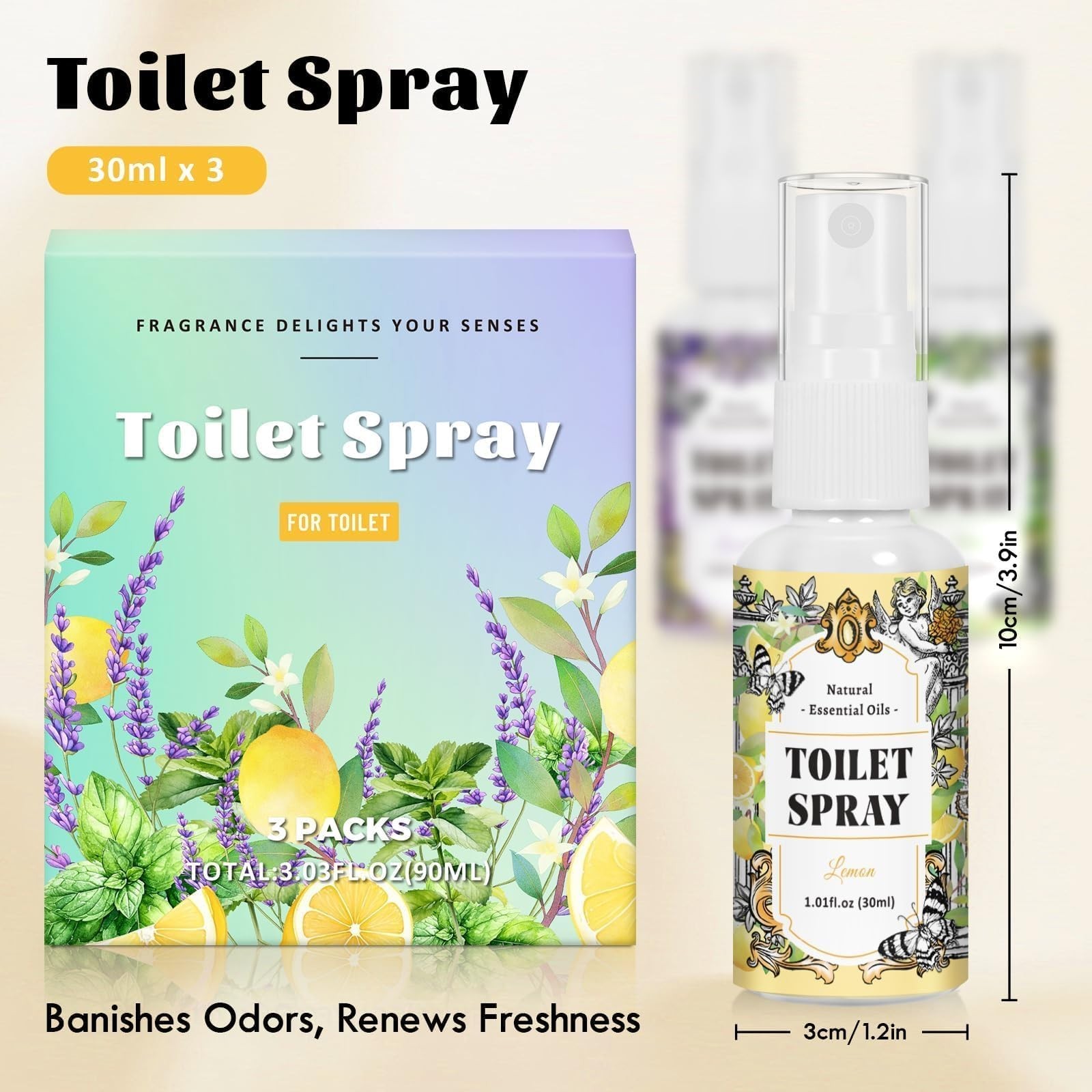 STRN Toilet Spray, 3-Pack Lemon, Mint & Lavender Natural Scent, Portable Inst…