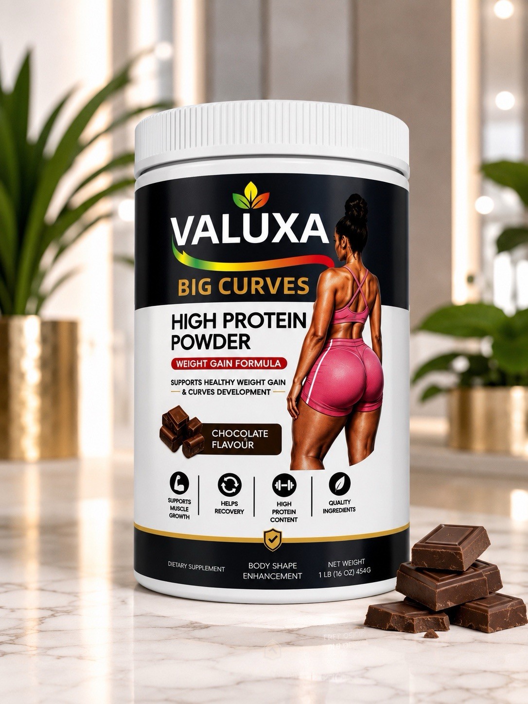 VALUXA Big Curves High Protein Weight Gain Powder, Chocolate Flavor, 1 lb