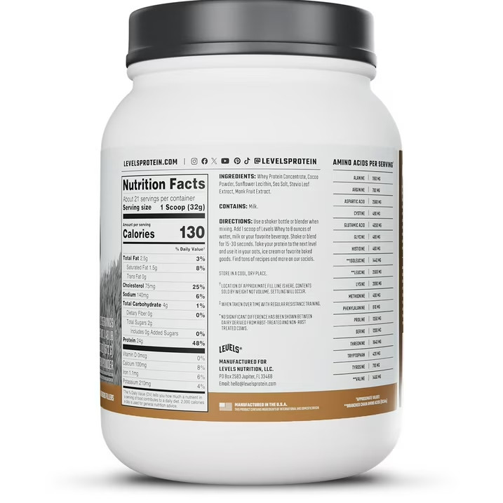 Levels Grass Fed Whey Protein Powder, No Artificials, Protein,Double Chocolate