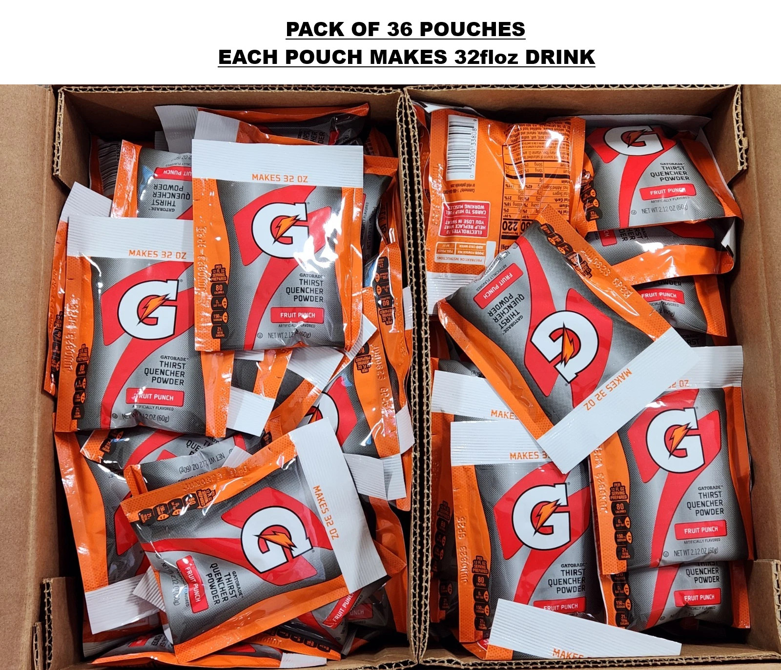 36 PACKS Gatorade Thirst Quencher Powder Fruit Punch Sports Bottle Pouch 32 floz