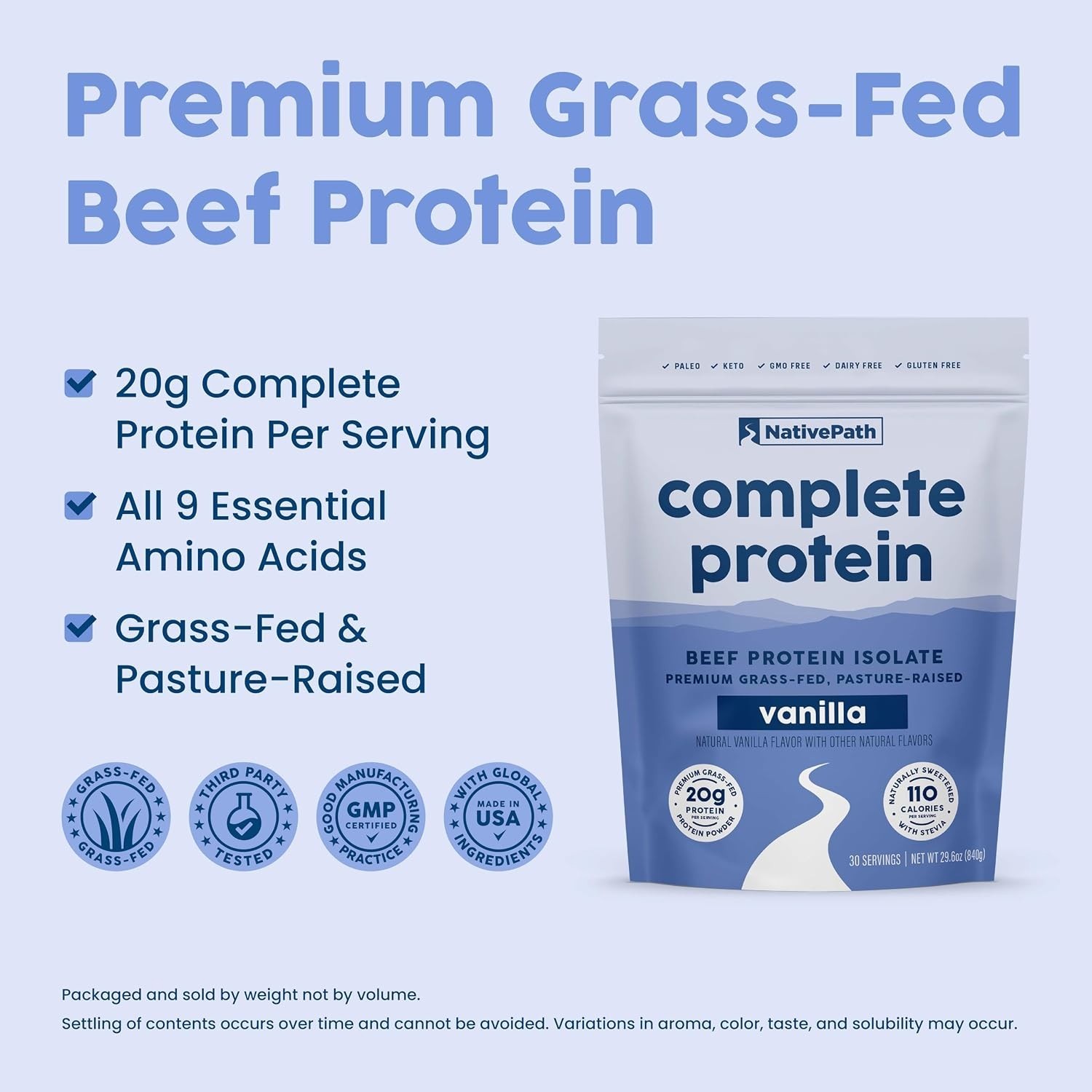 20g Grass-Fed Beef Protein Powder, Vanilla – 30 Servings, Dairy-Free