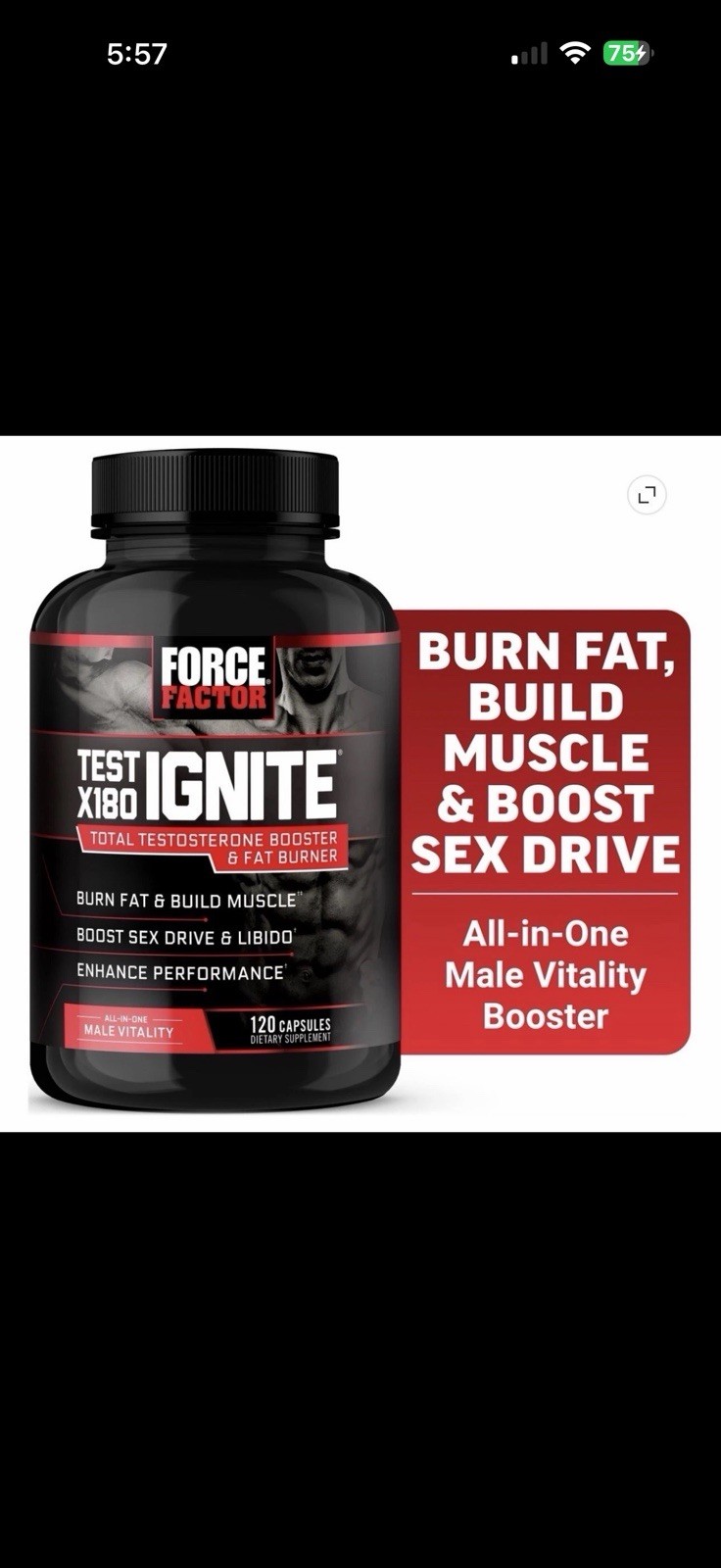 Force Factor Test X180 Ignite Total Testosterone Booster for Men | 120 Capsules