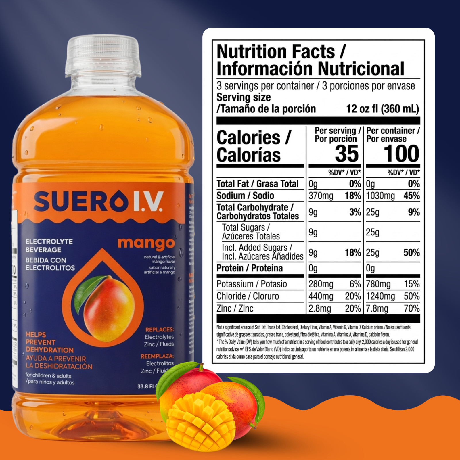Suero I.V. Electrolyte Drink, Mango Flavor 33.8 fl oz – Hydrate