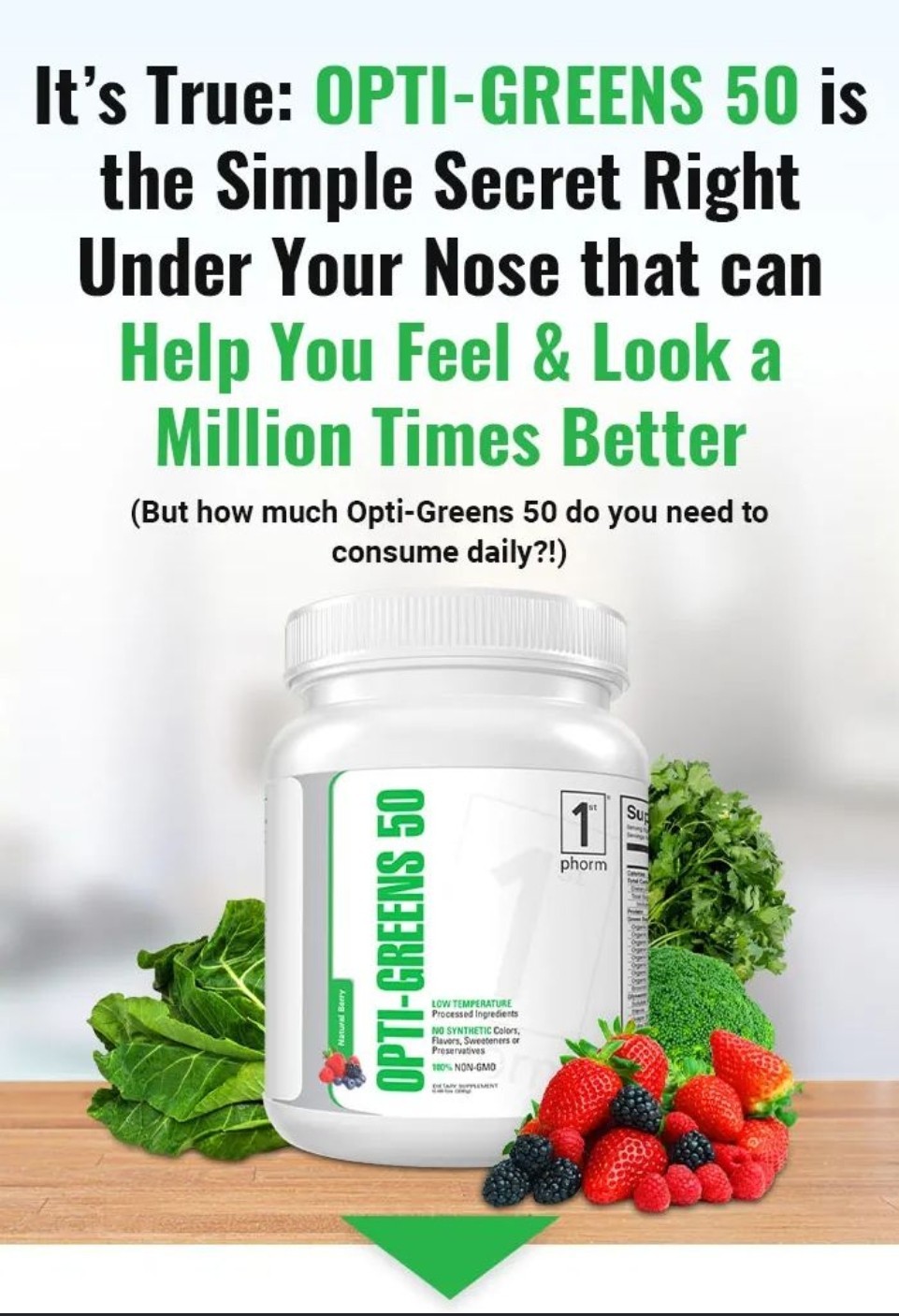 1st Phorm OPTI-GREENS 50 Powder 11 oz ( 30 Serv) Natural Berry Flavor BY 11/26