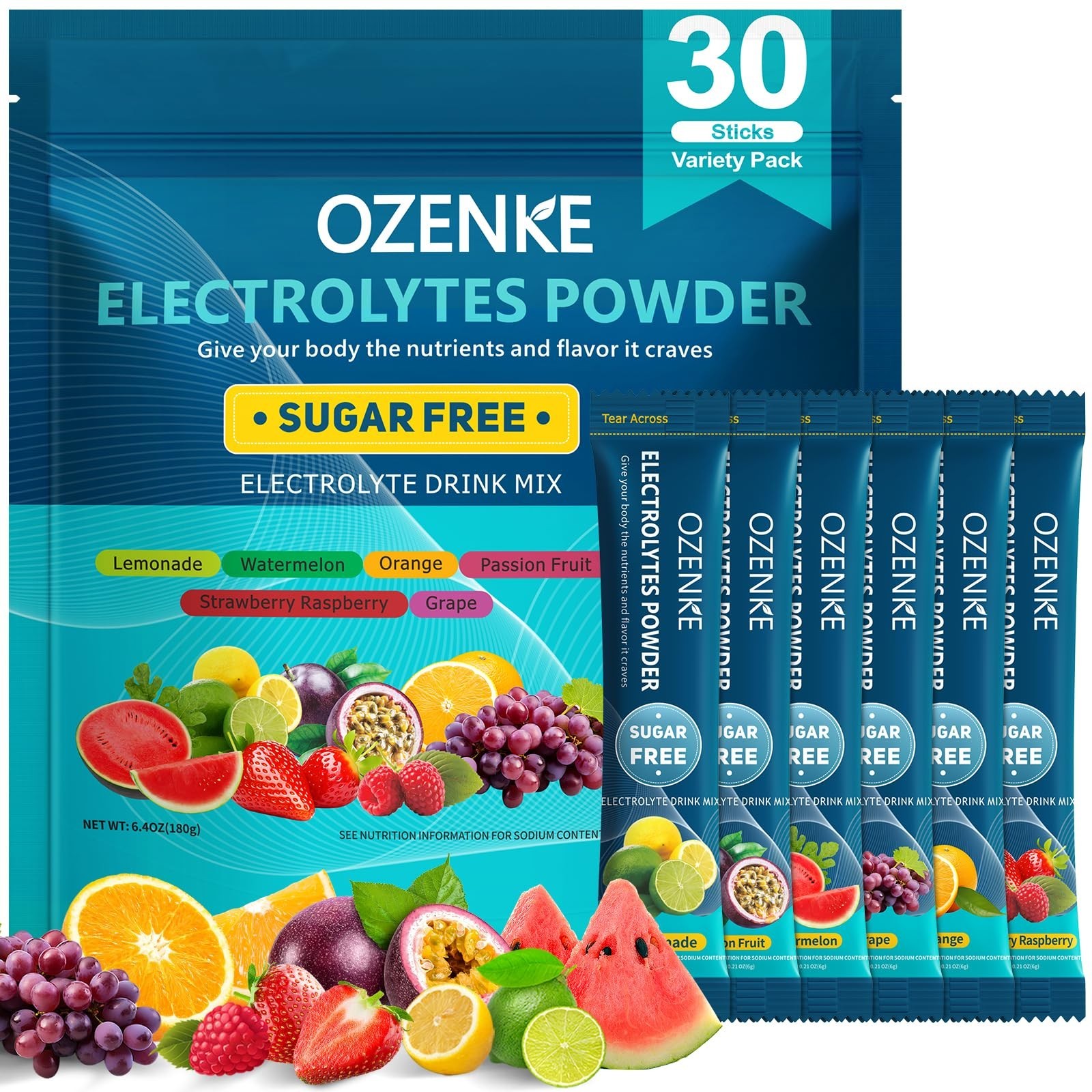 Sugar-Free Electrolyte Powder Packets – 30 Sticks, Hydration Drink Mix, 6 Flavor