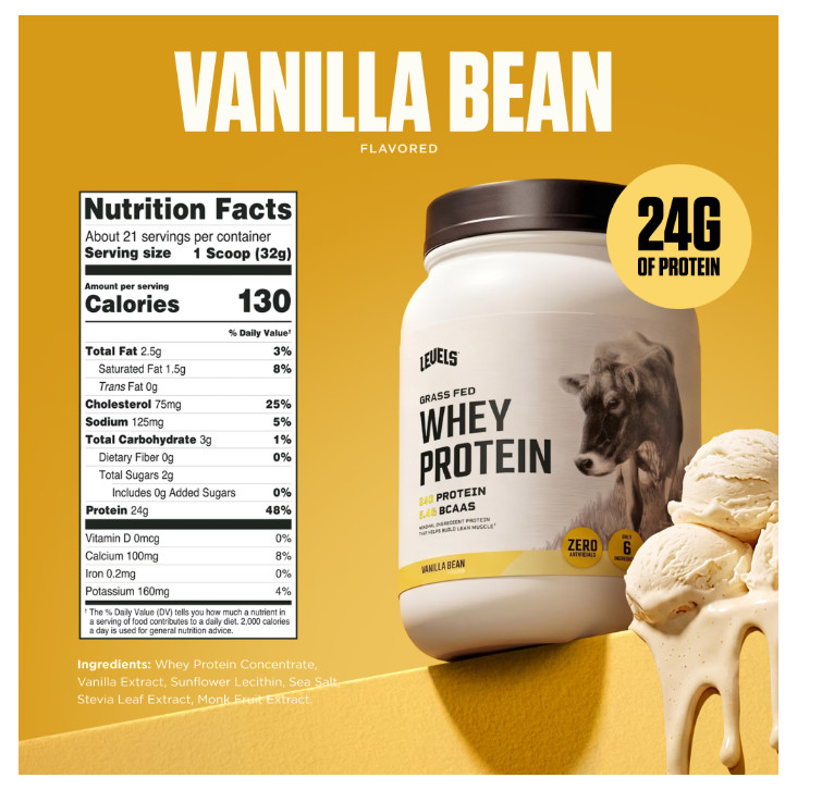 Levels Grass Fed Whey Protein Vanilla Bean 1.48lb 24g Protein