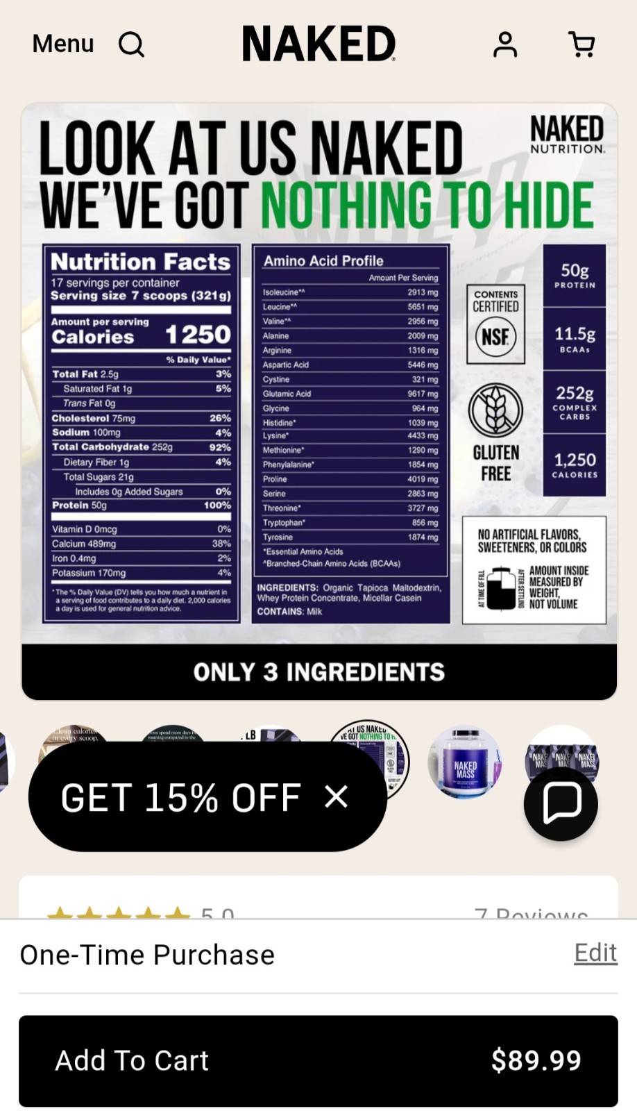NAKED Mass Natural Weight Gainer Protein Powder 12 LB 1,250 Calories Unflavored
