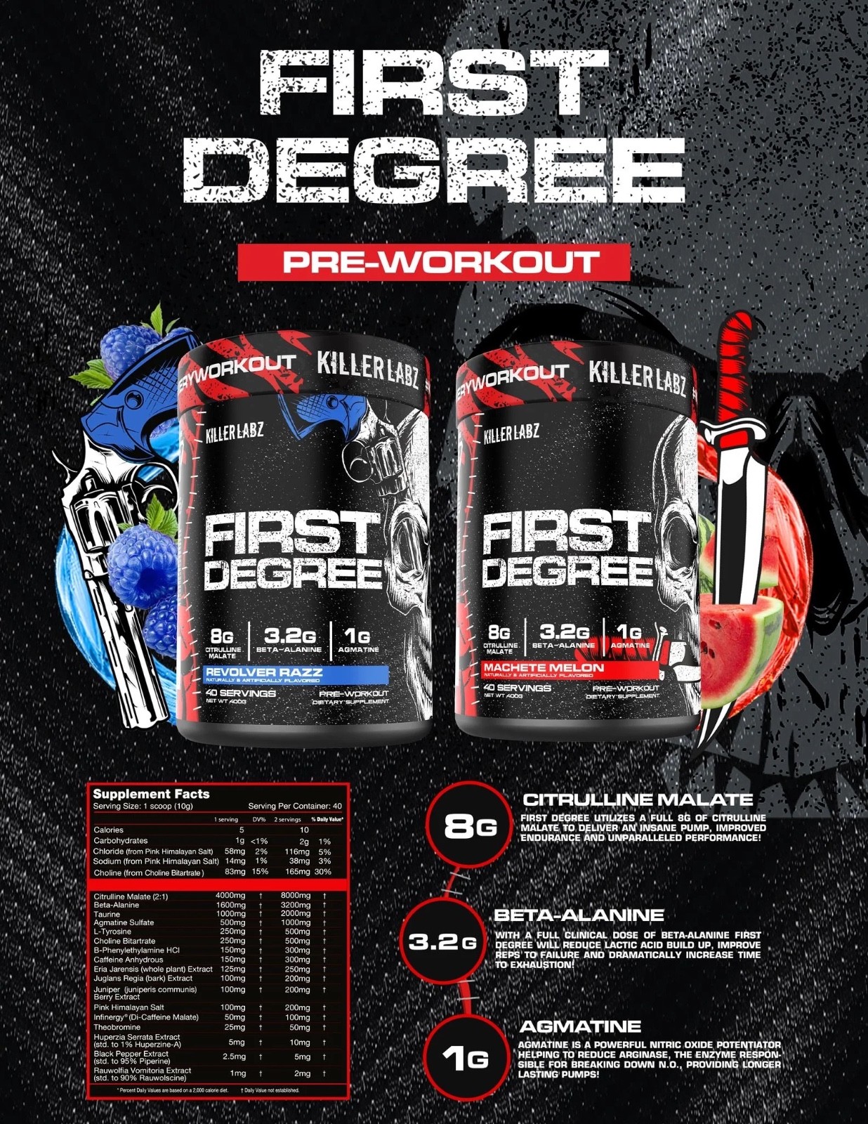 Killer Labz FIRST DEGREE High Stim Pre-Workout 2 Flavors to choose Description