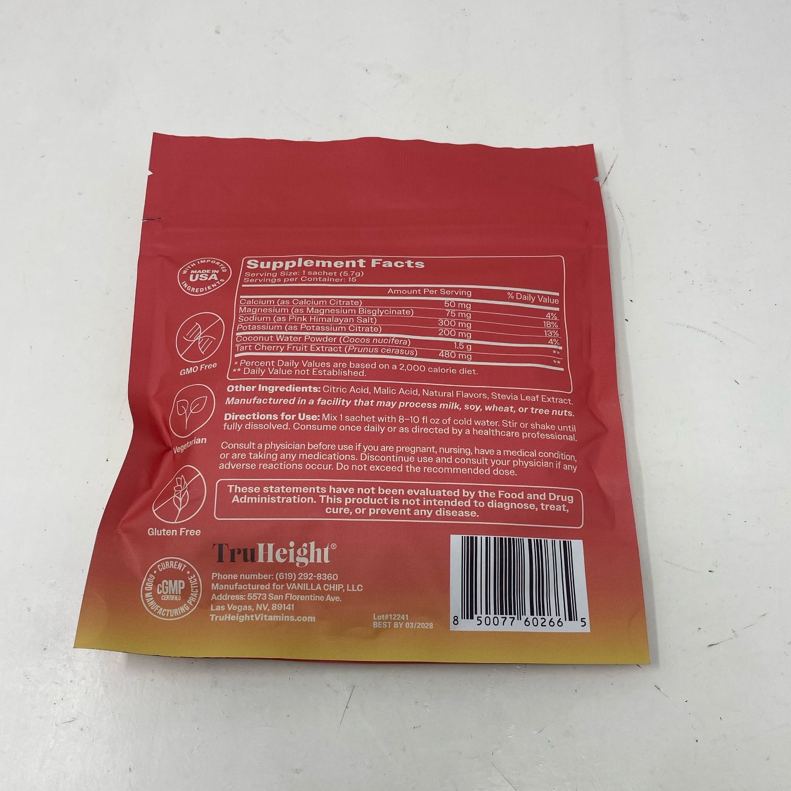 TruHeight Hydration Mix Pink Lemonade 15 Packets Electrolyte Drink