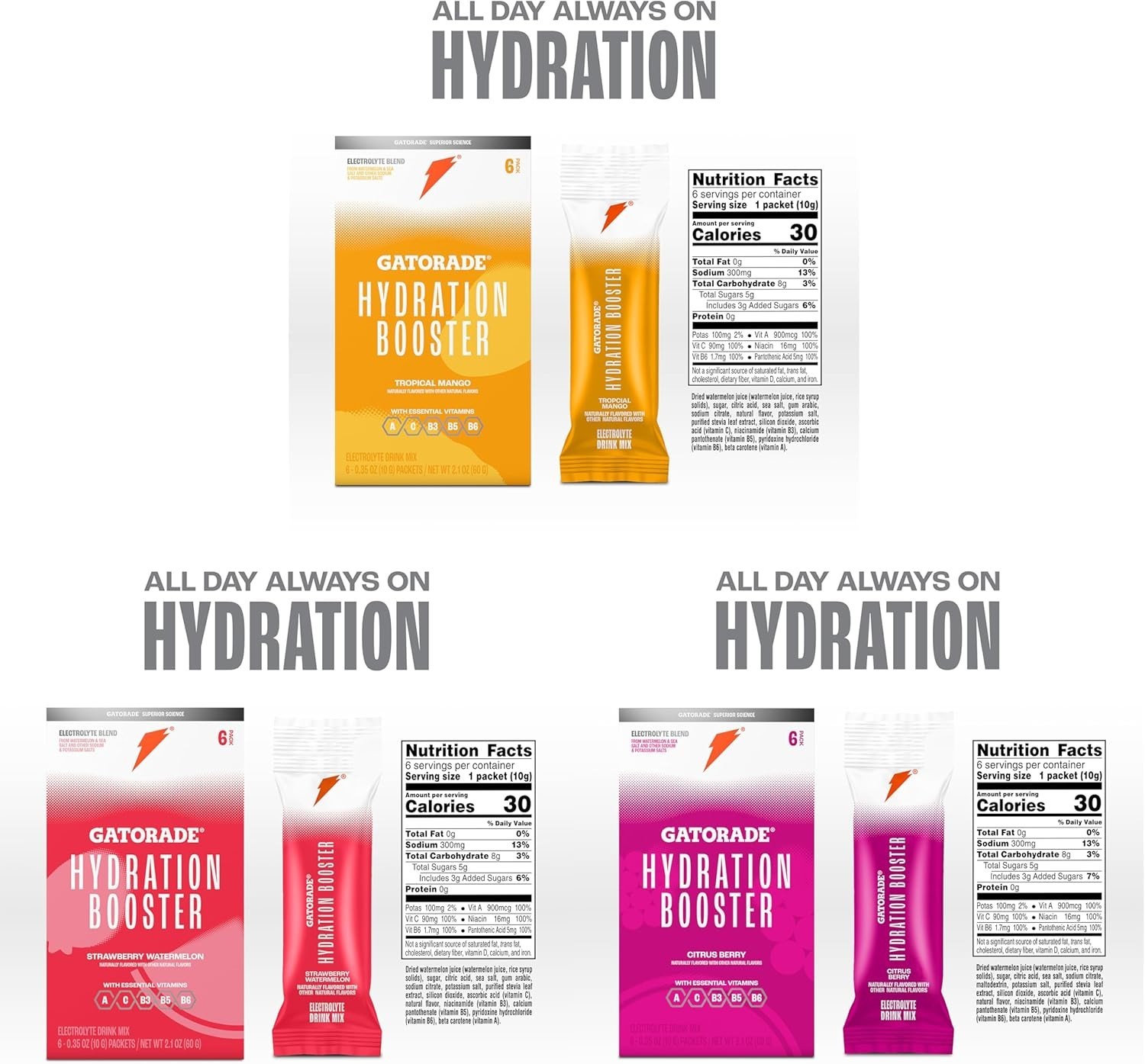Gatorade Hydration Booster Electrolyte Strawberry Watermelon& Tropical Mango 2BX