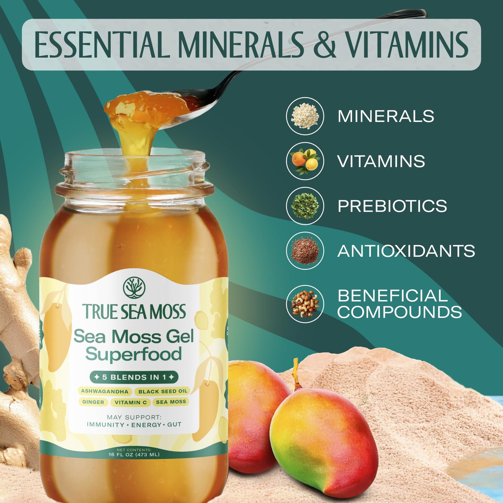 Sea Moss Gel 5-in-1: Wildcrafted Seamoss, Ashwagandha, Sea Vegetables, USA Made