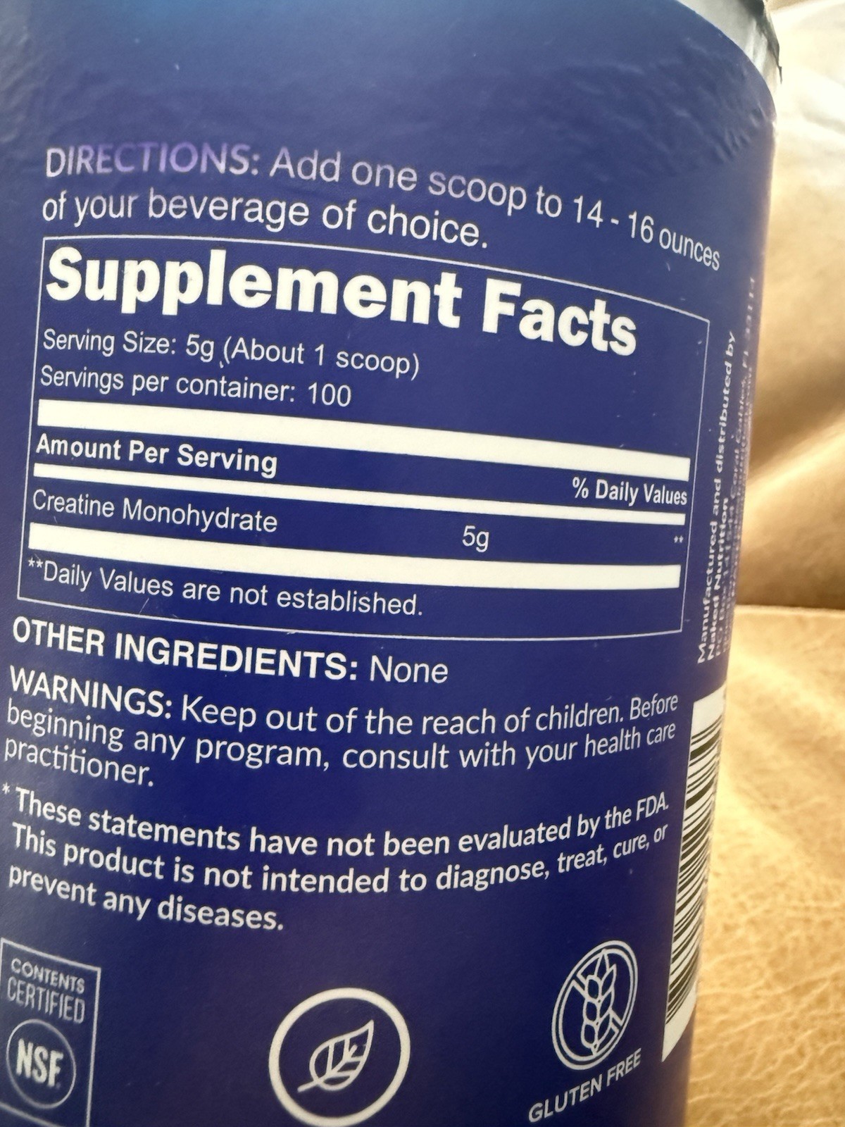 NAKED CREATINE Pure Micronized Creatine Monohydrate 5g – NSF Certified 1.1 LBS