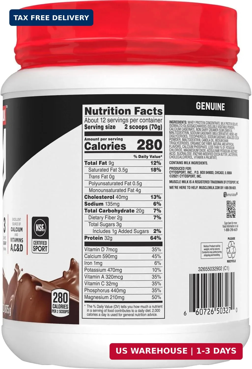 Muscle Milk Genuine Protein Powder, Chocolate, 1.93 Pounds, 13 Servings, 32g Pro