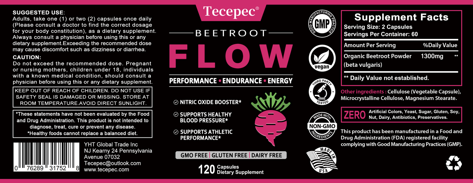 Organic Beet Root Powder Capsule 1300mg per serving Aids in Healthy Circulation
