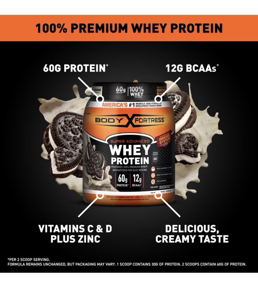 Body Fortress Whey Protein Powder Cookies N’ Creme Zero Aspartame 1.78 lb