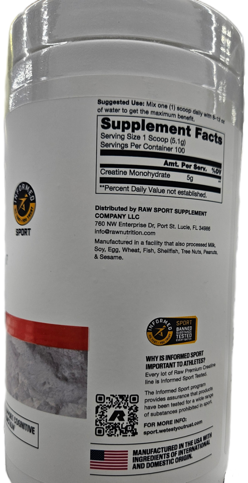 RAW Nutrition Creatine Monohydrate Powder Micronized (100 Servings) – BB 3/2026