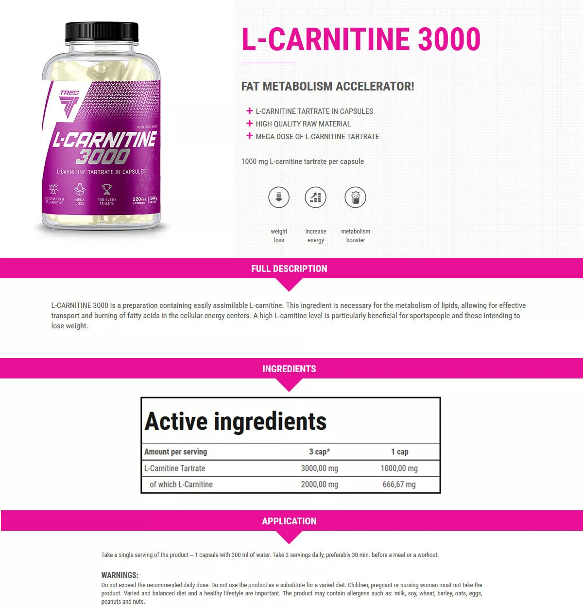 Trec Nutrition L-CARNITINE 3000 -Strong Huge Dose Fat Reduction Weight Loss Slim
