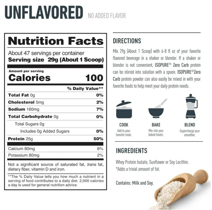 Isopure Zero Carb Whey Protein Isolate, Unflavored, 3 lb, 47 Servings