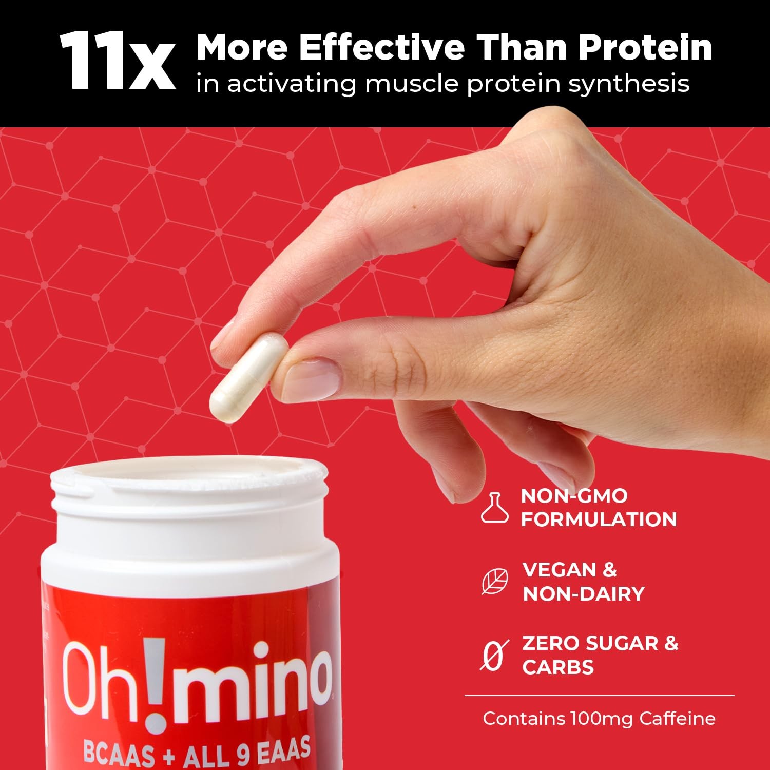 Ohmino Essential Amino Acids Supplement, Caffeinated Capsules, All 9 EAAs, BC…
