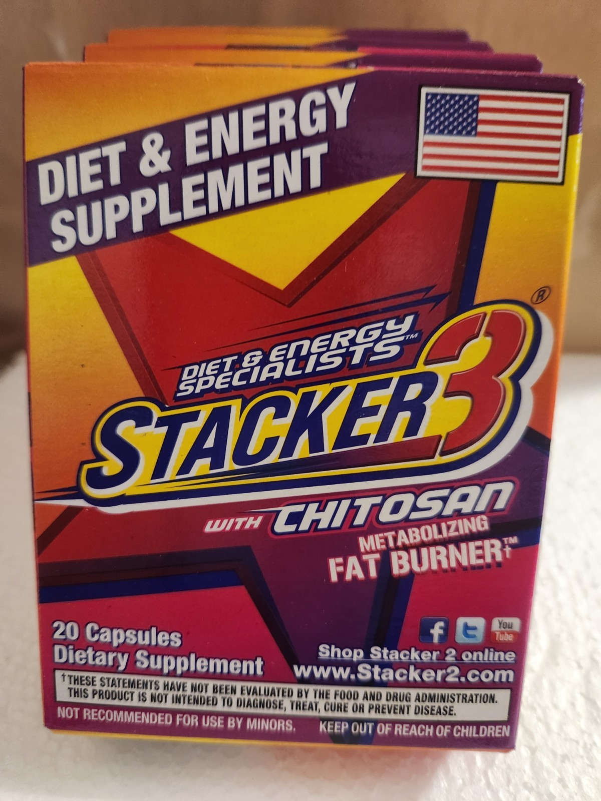 4-Stacker3 Diet & Energy Supplement w/ Chitosan – 20 Capsules – Exp 10/2029
