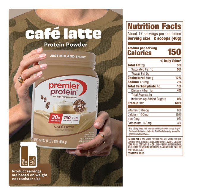 Premier Protein 100% Whey Protein Powder, Café Latte, 30g Protein, 23.9 oz, 1.5l