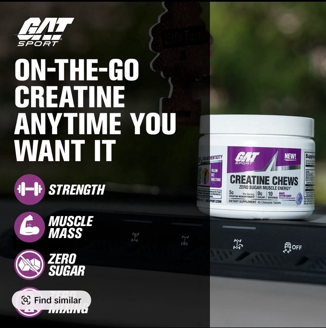 GAT Sport Creatine Chews Zero Sugar Grape Cotton Candy 5g 40 Tablets