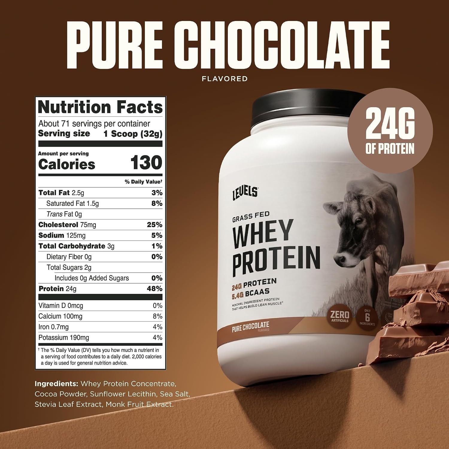 Levels Grass Fed Whey Protein Powder Pure Chocolate 5LB 24G Protein No Sugar