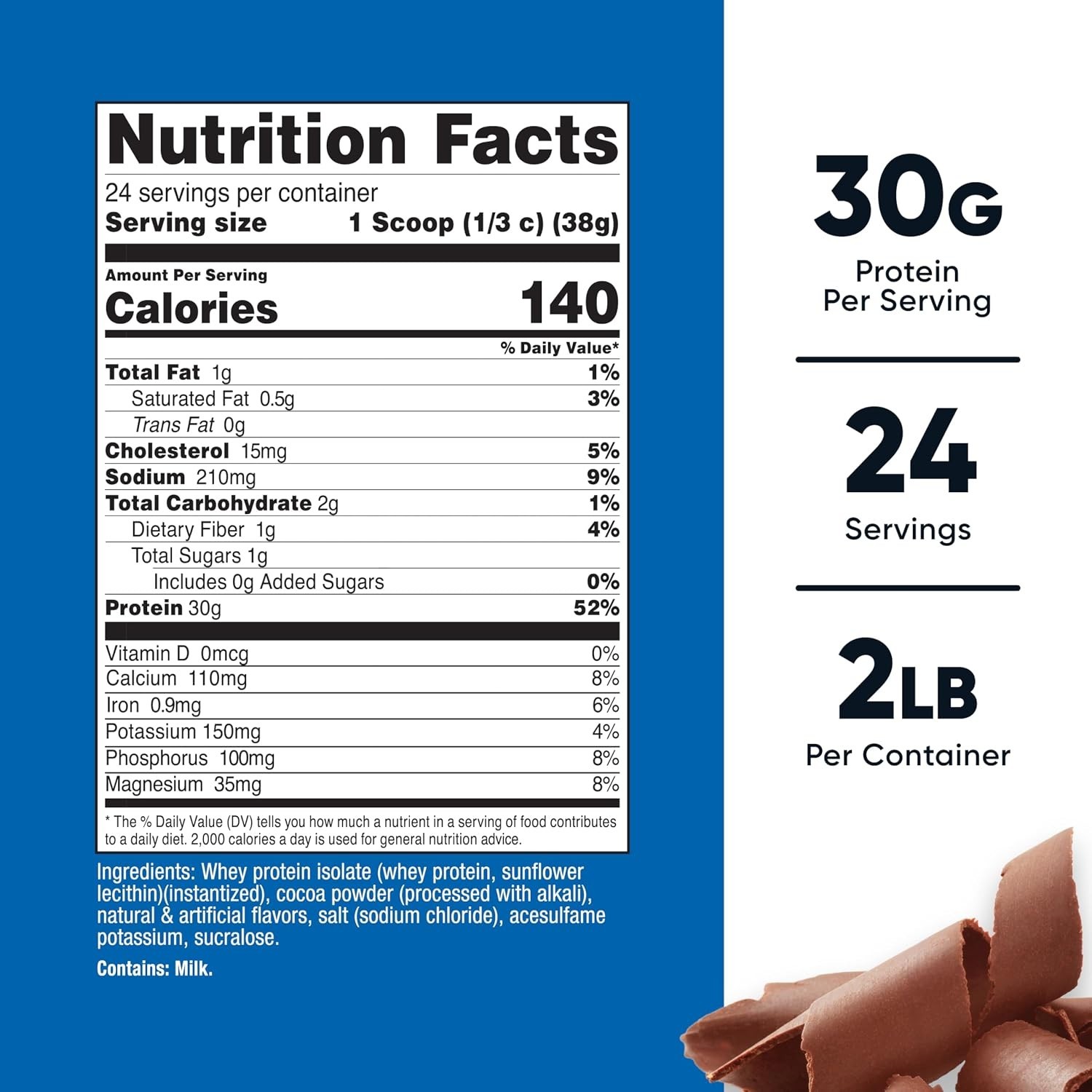 Whey Protein Isolate Milk Chocolate 2LBS Powder 30g Protein Per Serving NSF GMP