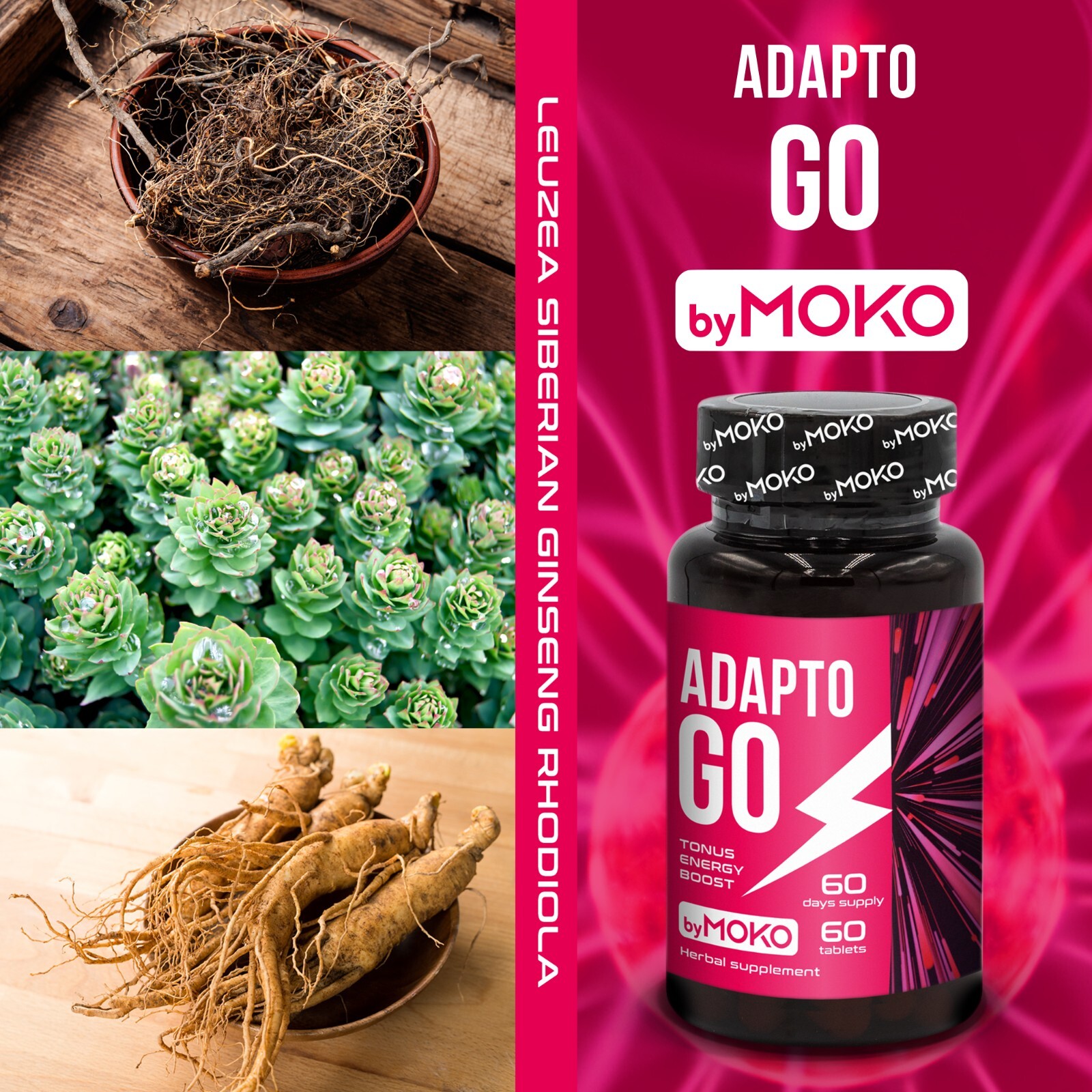 AdaptoGO Leuzea Rhodiola Rosea Ginseng Testosterone Booster Energy 5 x 60 tabs
