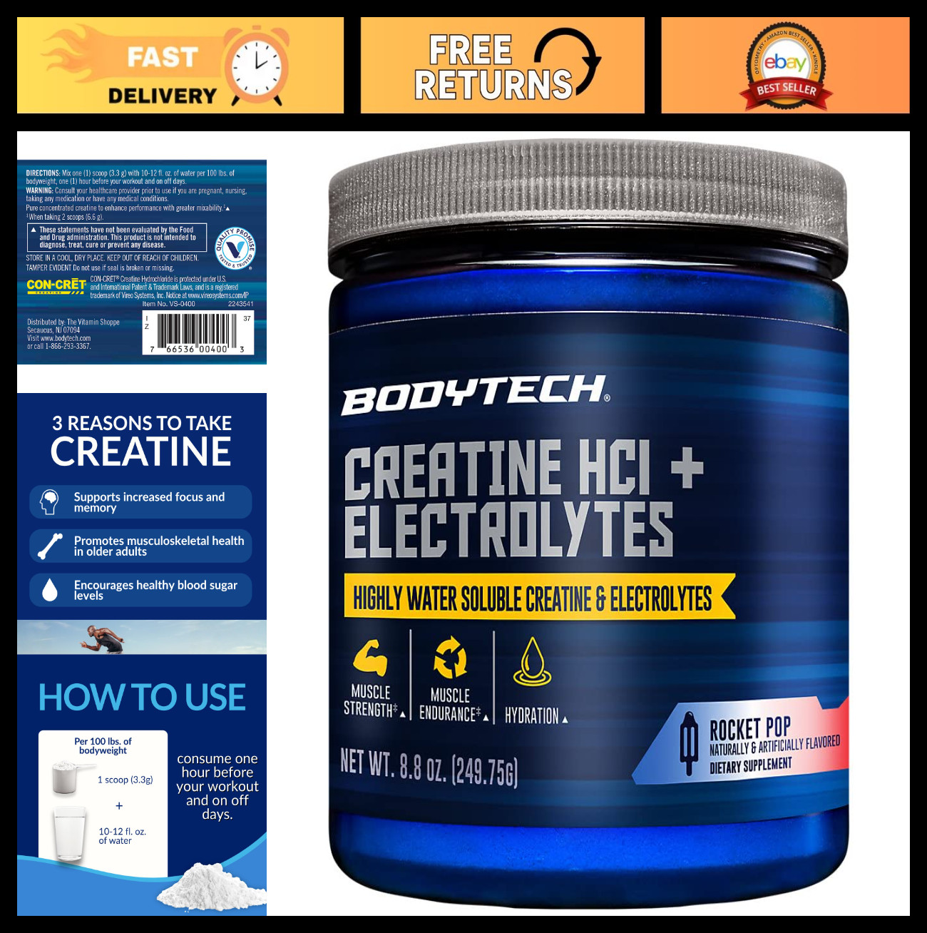 Creatine HCl + Electrolytes Powder – Rocket Pop Flavor, 75 Servings, Muscle Reco