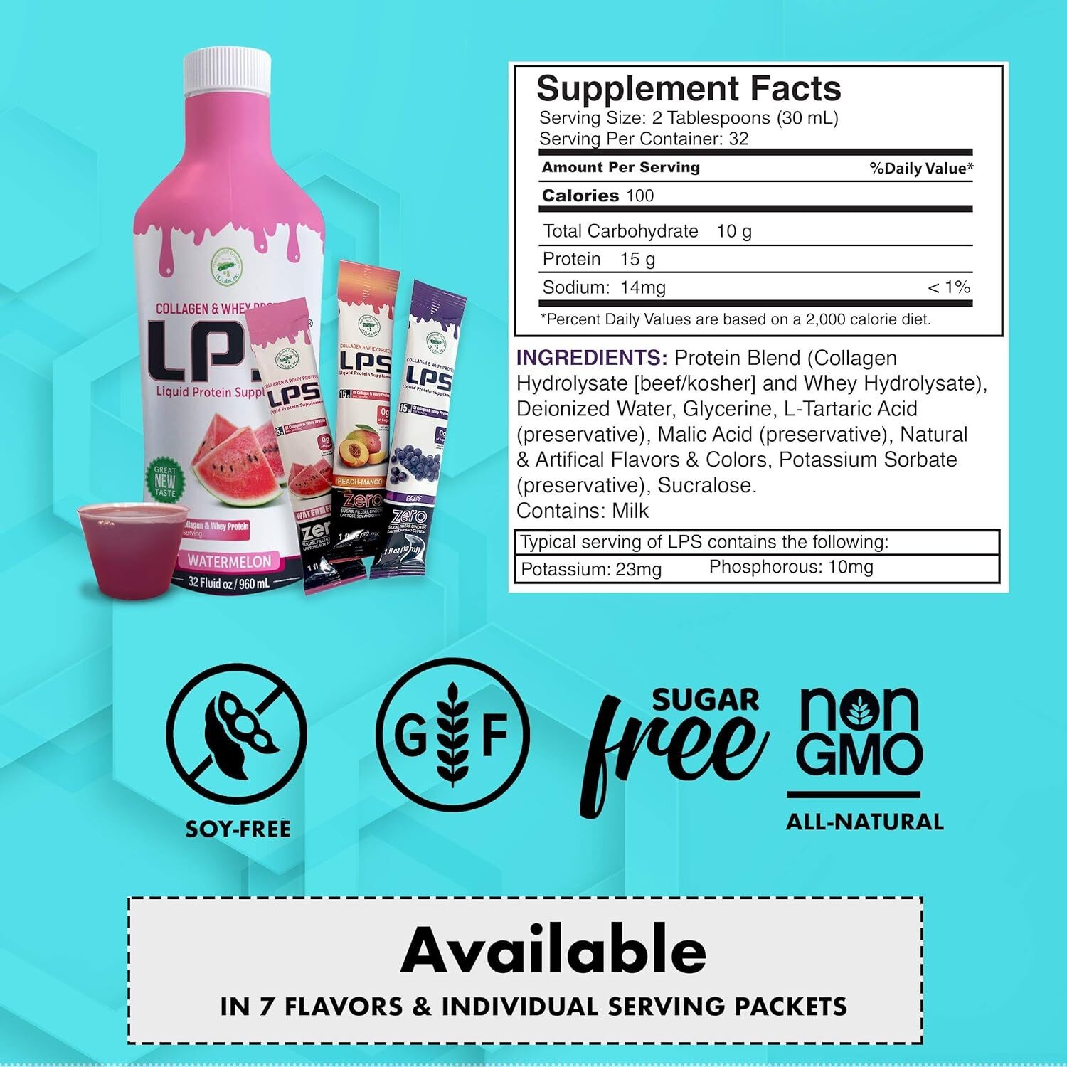 LPS Liquid Protein Supplement Collagen & Whey Sugar Free 15 Grams 32 Fl Oz.