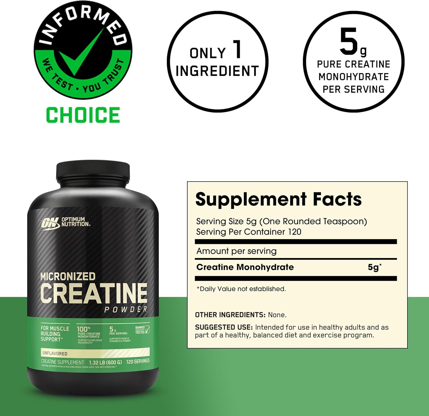 Micronized Creatine Monohydrate Powder, Unflavored, 600g, 120 Servings