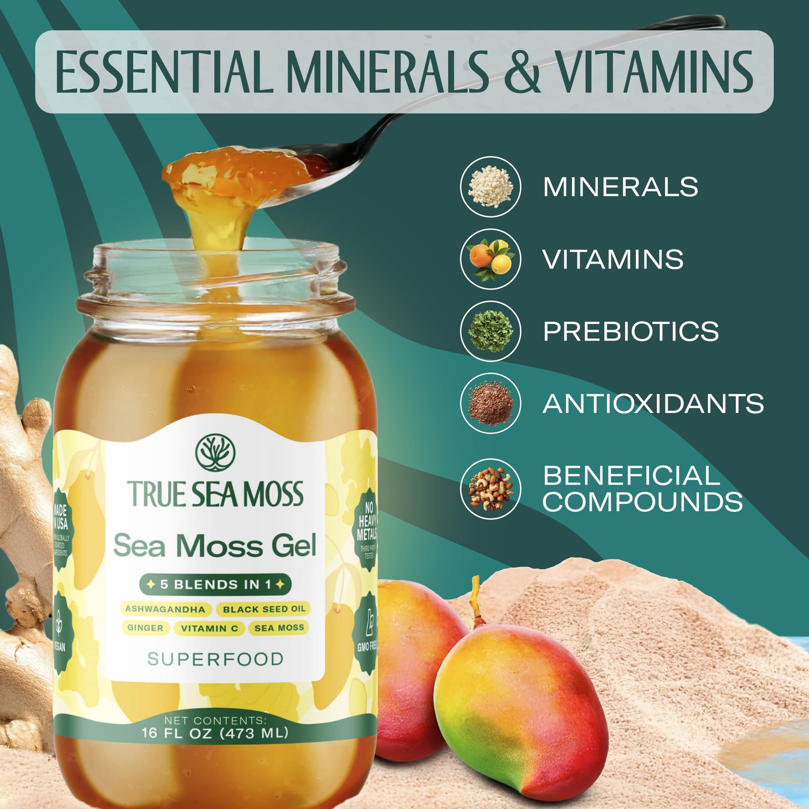 TrueSeaMoss Sea Moss Gel – Made in USA – 5in1 Formula – Wildcrafted Seamoss, …
