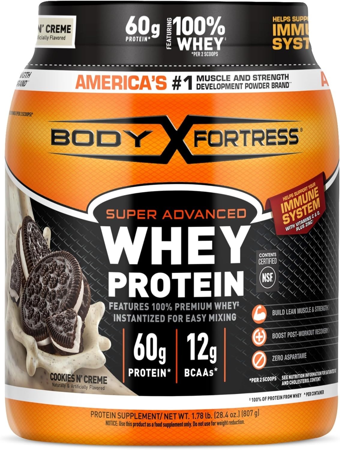 Body Fortress Super Advanced Whey Protein Powder, Cookies N’ Creme, 60g Protein