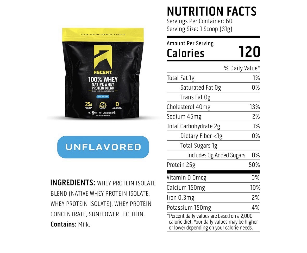 Ascent 100% Whey, Native Whey Protein Blend, UNFLAVORED (4.25 Pounds)