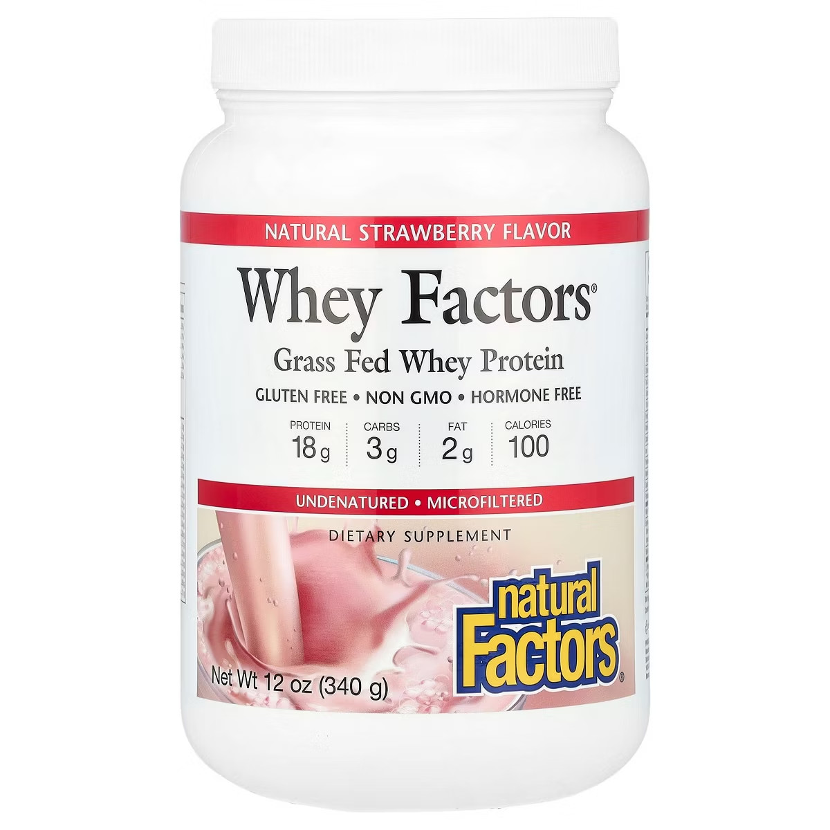 Natural Factors Whey Factors Grass Fed Whey Protein Powder, Strawberry, 12 oz