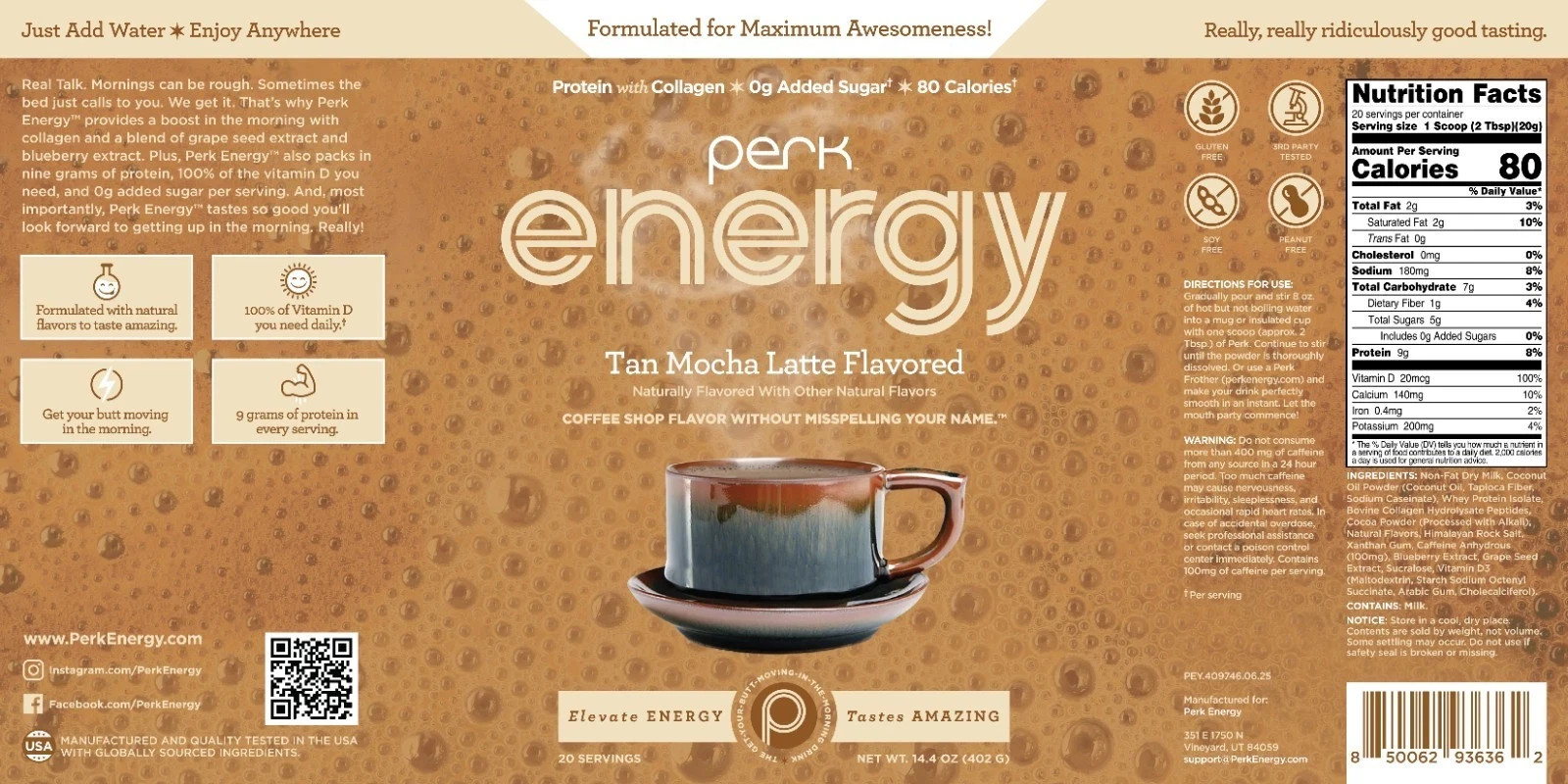 Perk Energy Original Tan Mocha Latte Flavored Drink Powder 14.4oz (20 Servings)