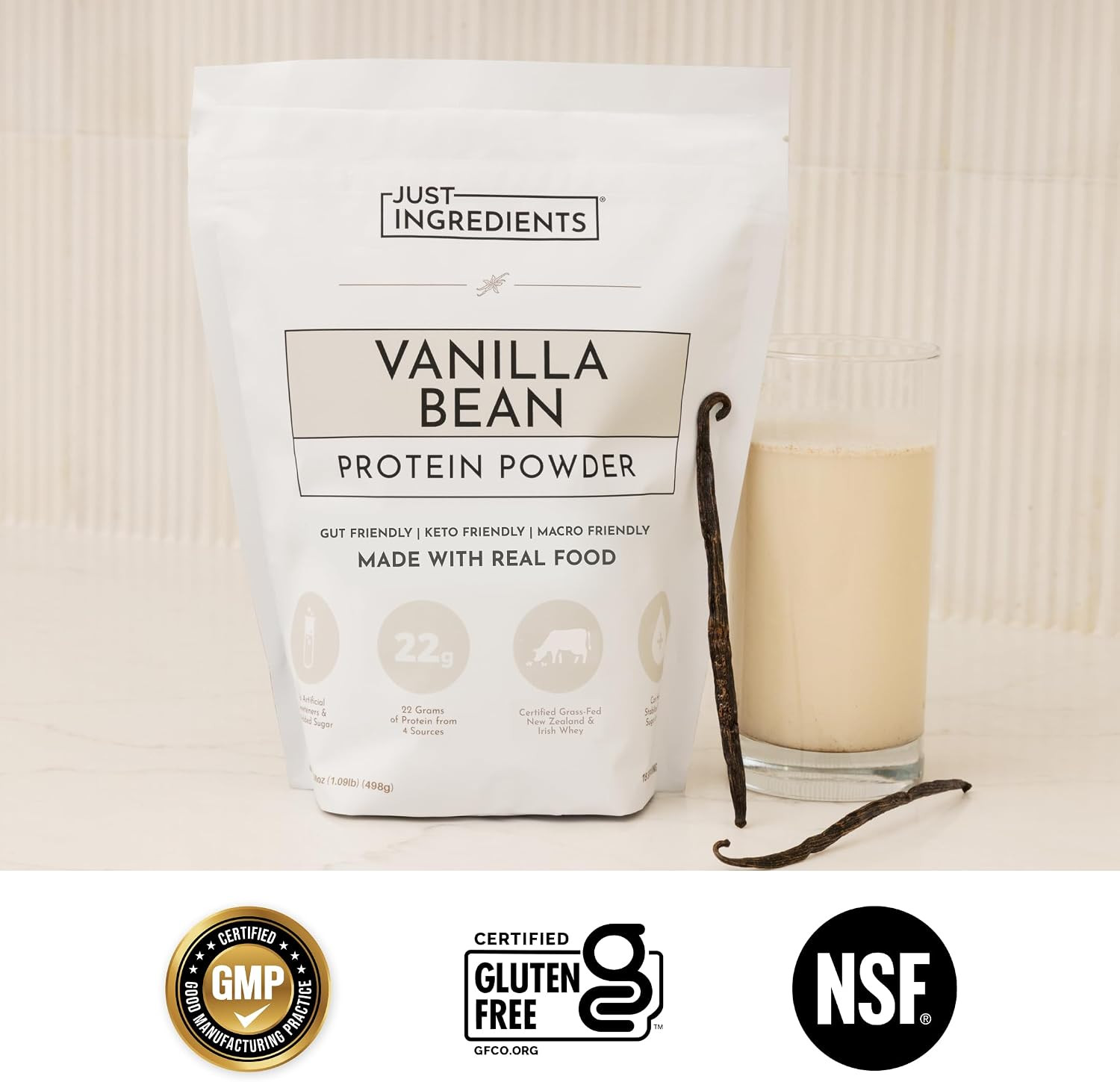 Vanilla Protein Powder – Grass-Fed Whey Blend Gluten Free – 15 Servings, 22G