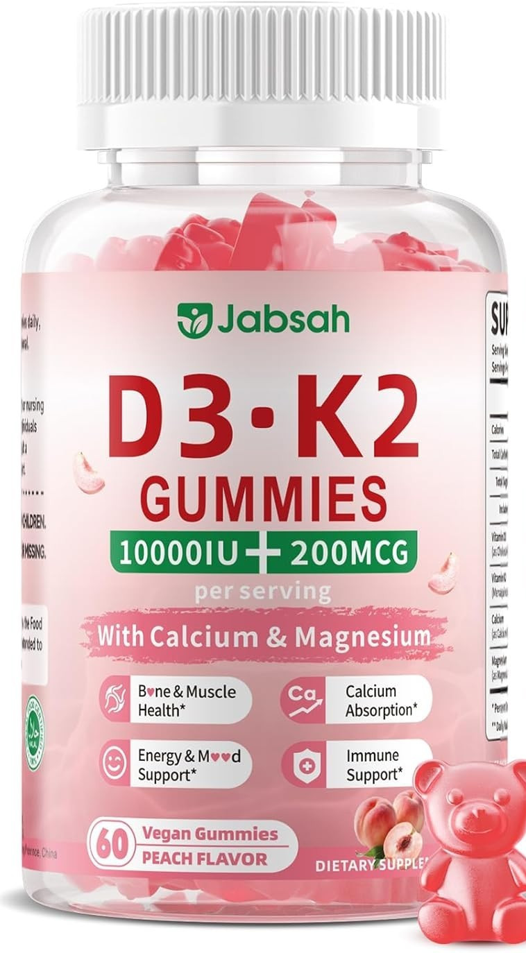 Jabsah brand Vitamin D3 K2 Gummies 10000 IU with Calcium, Magnesium & K2 (MK-7)