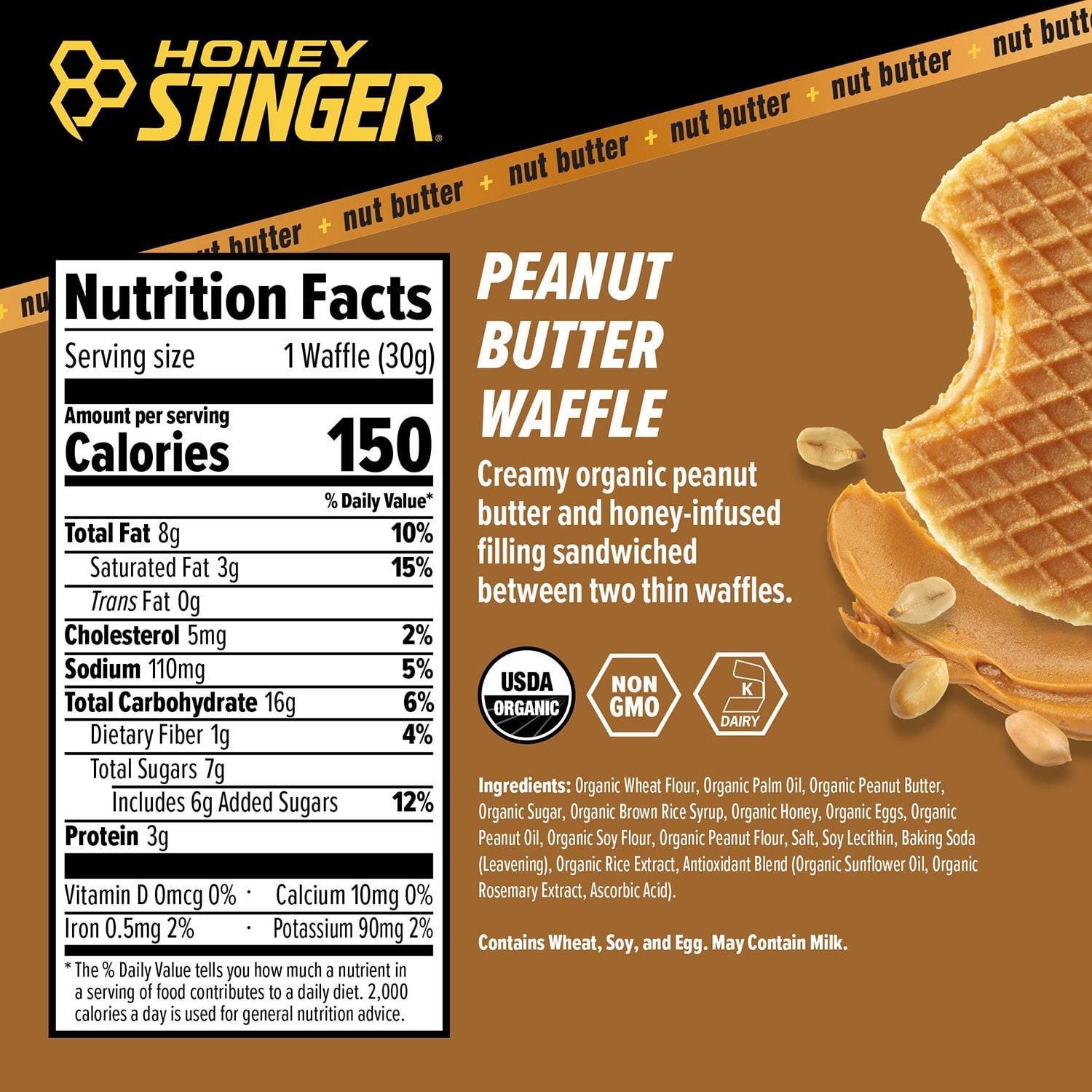 Honey Stinger Organic Energy Waffle, Peanut Butter, Caffeine Free Healthy Snack,