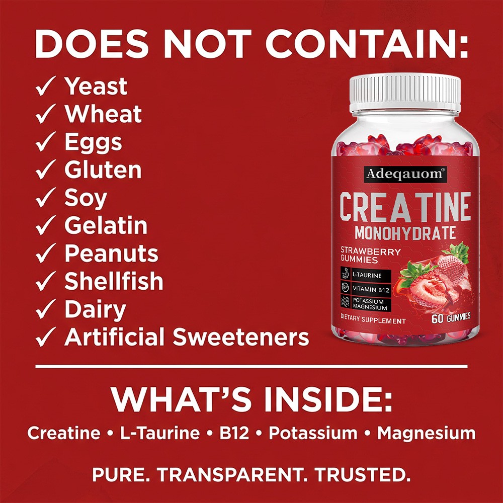 Creatine Monohydrate Support Energy Muscle Function 5000mg Strawberry 60 Gummies