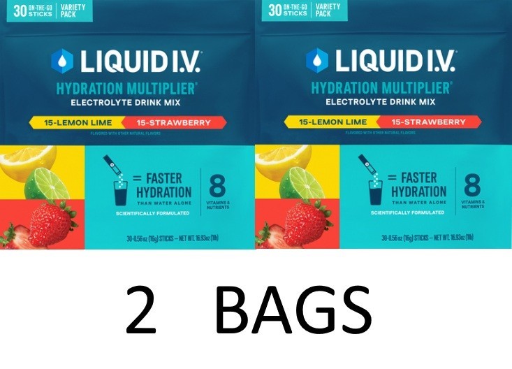 Liquid IV Hydration Multiplier Electrolyte STRAWBERRY LEMON LIME 30 Pkts 2 BAGS