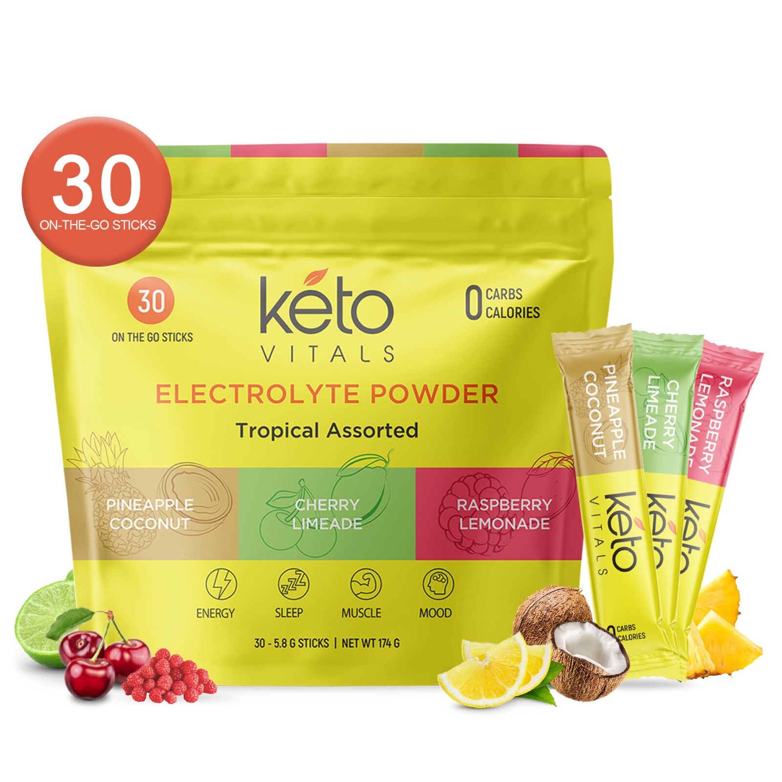 Keto Vitals Tropical Electrolyte Powder Stick Packs Tropical Assorted 30CT